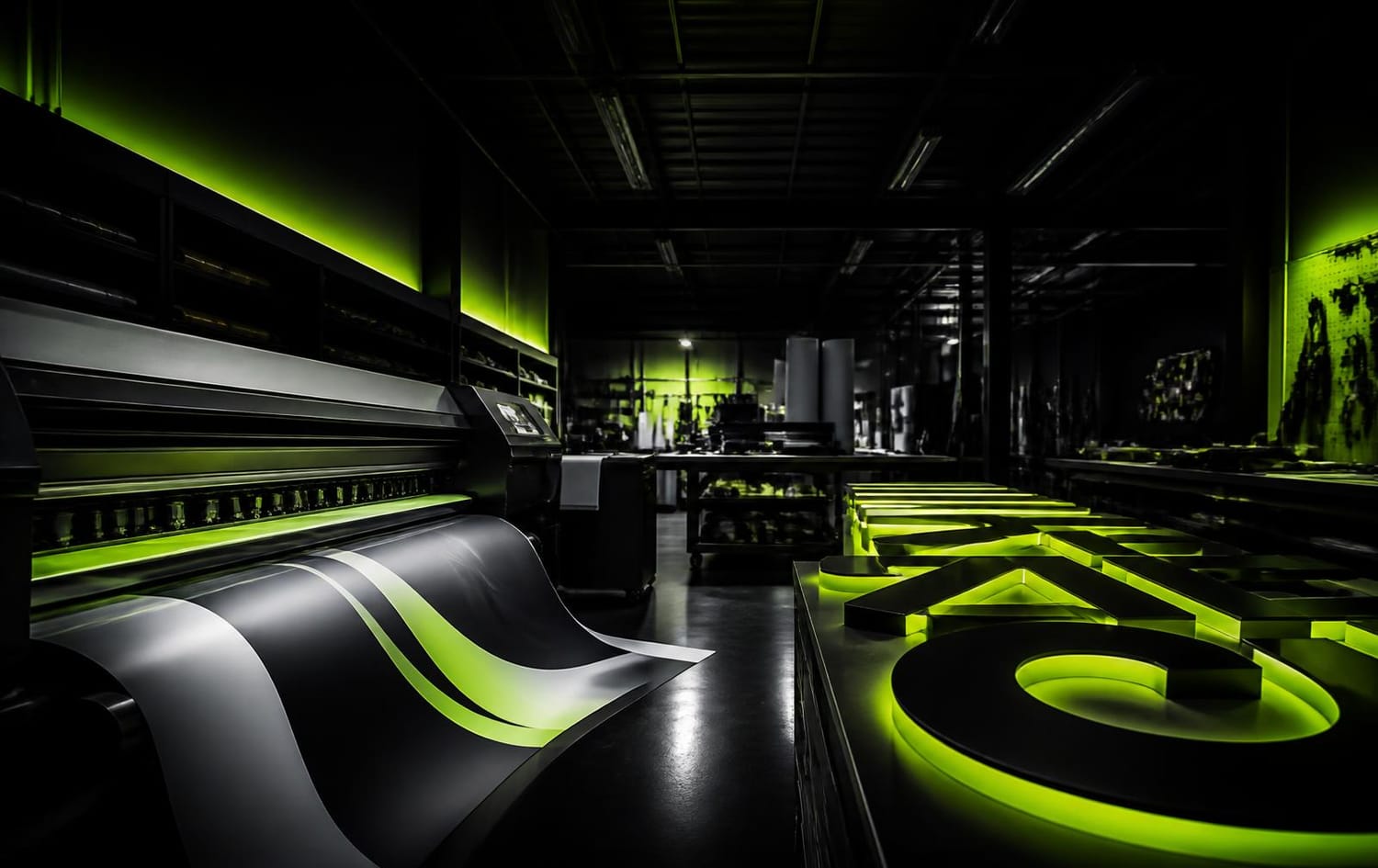 LGX production floor with wide-format printing and illuminated channel letters